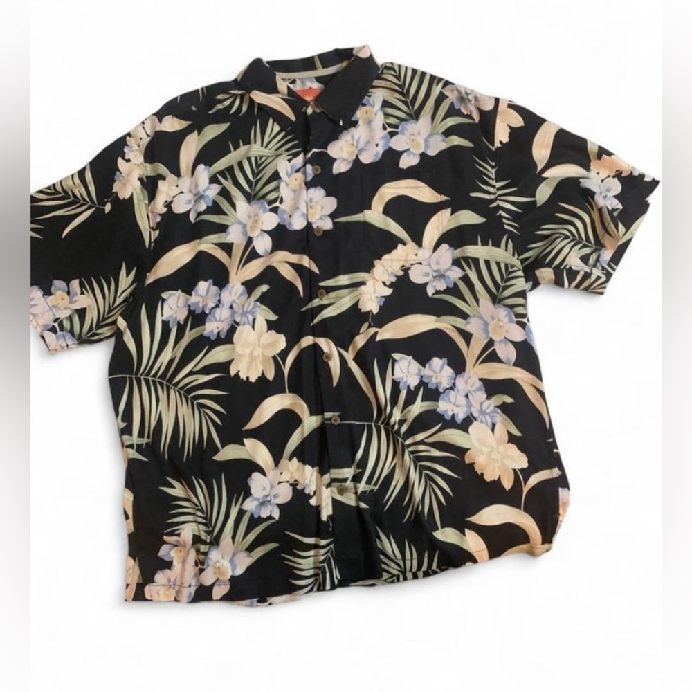 Tommy Bahama 100% Silk Hawaiian Shirt - Black Floral Tropical Print - XXL EUC
